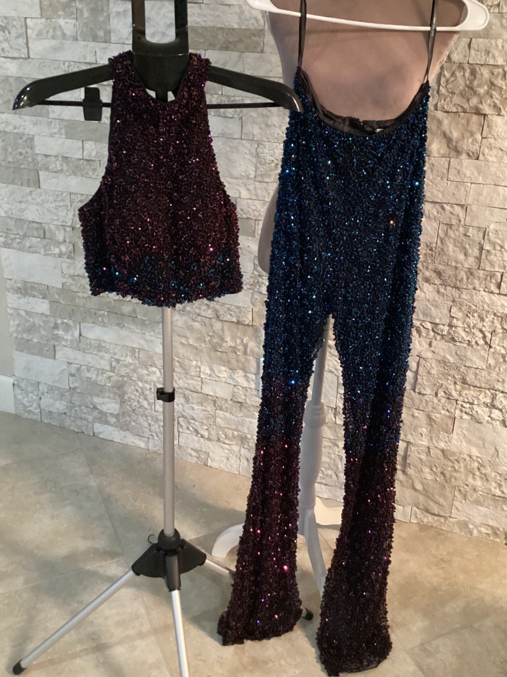 Sherri Hill 2-Piece Couture Liquid Beaded Jumpsuit Set Ombre Blue Purple Size 2
